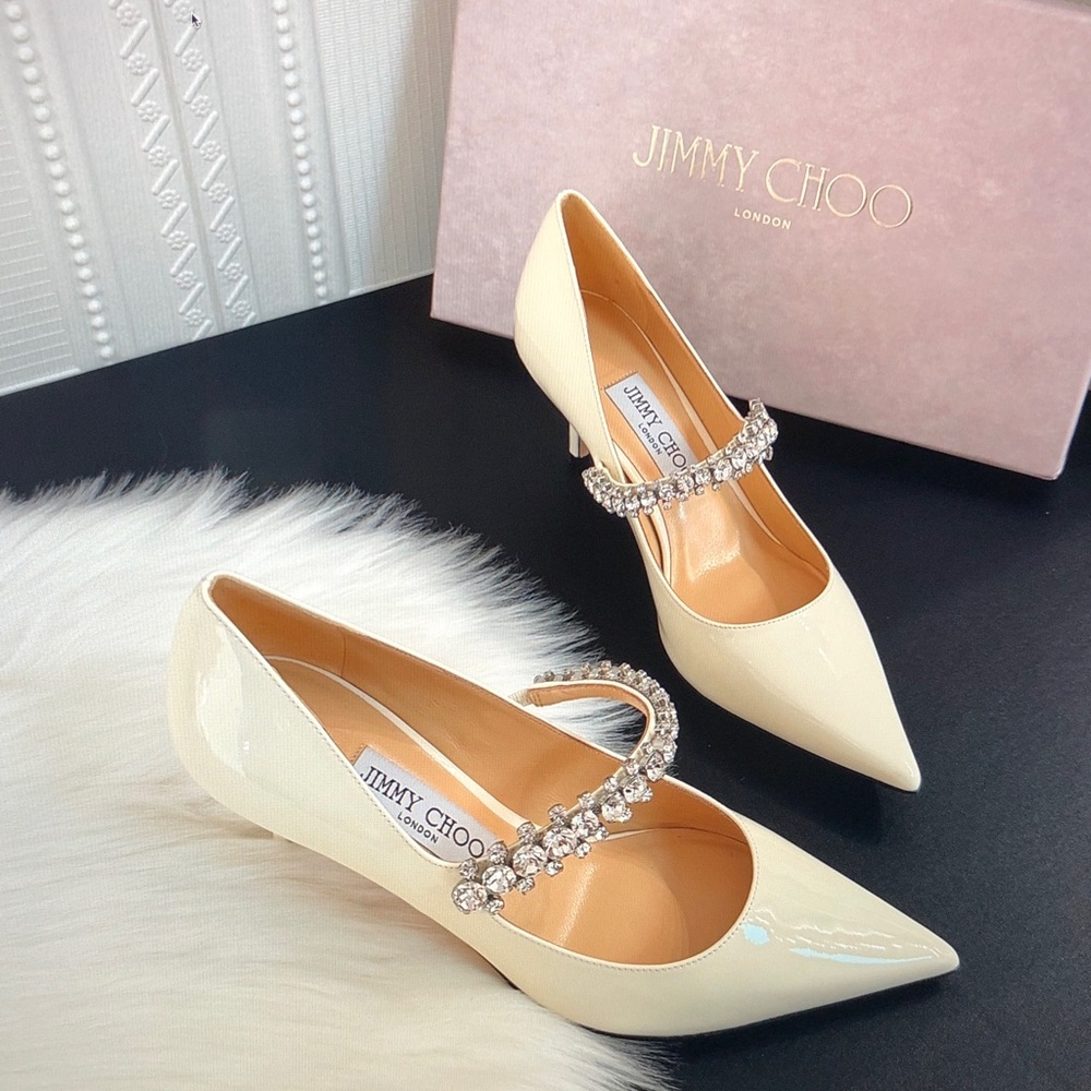 Jimmy Choo Off-White Bing Pumps 85 Heels with Crystal Strap - Picture 3 of 9